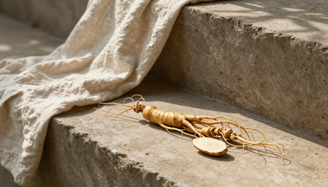 Dried ginseng and maca roots arranged on pale linen fabric