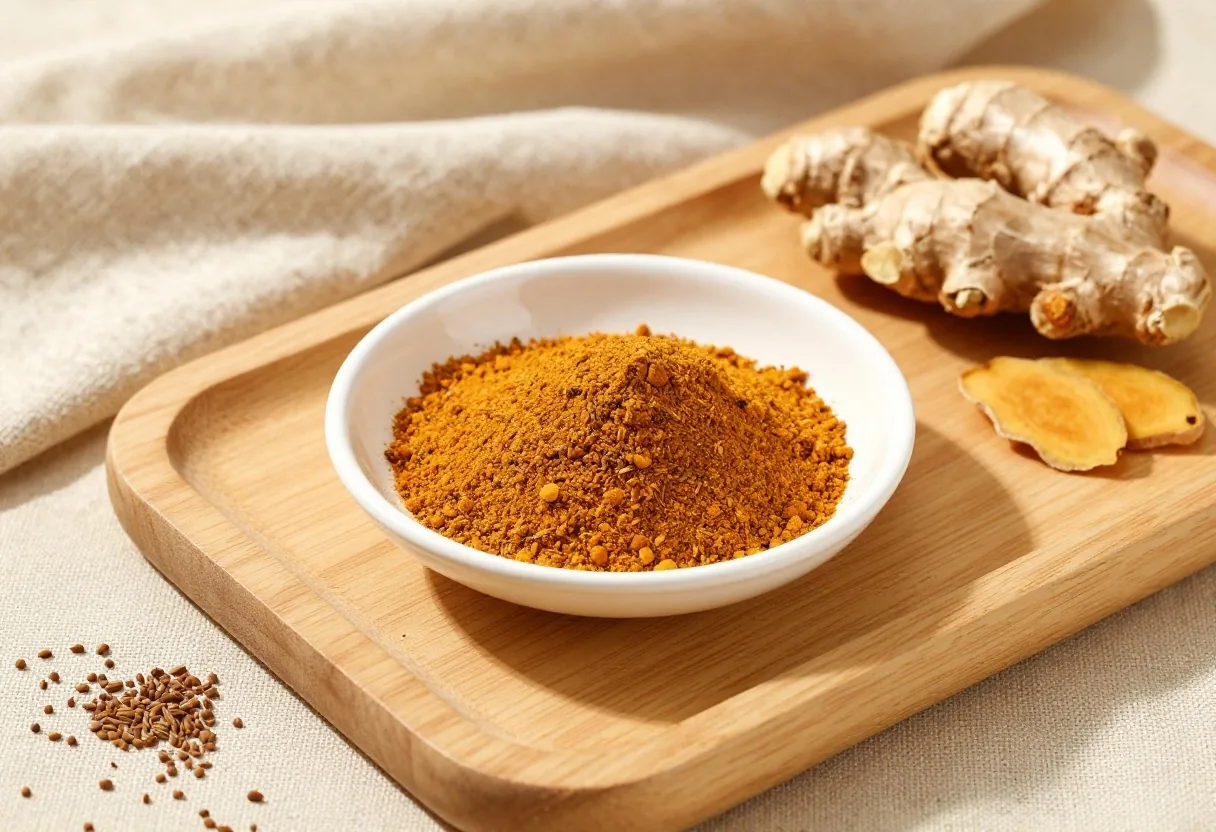 Natural supplement ingredients on a pale wooden surface
