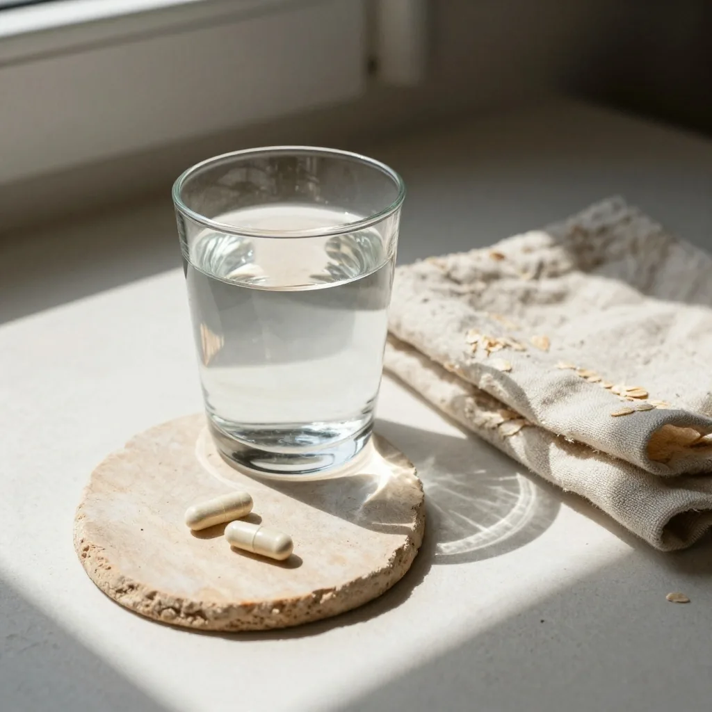 A glass of water with natural capsules on a plaster surface