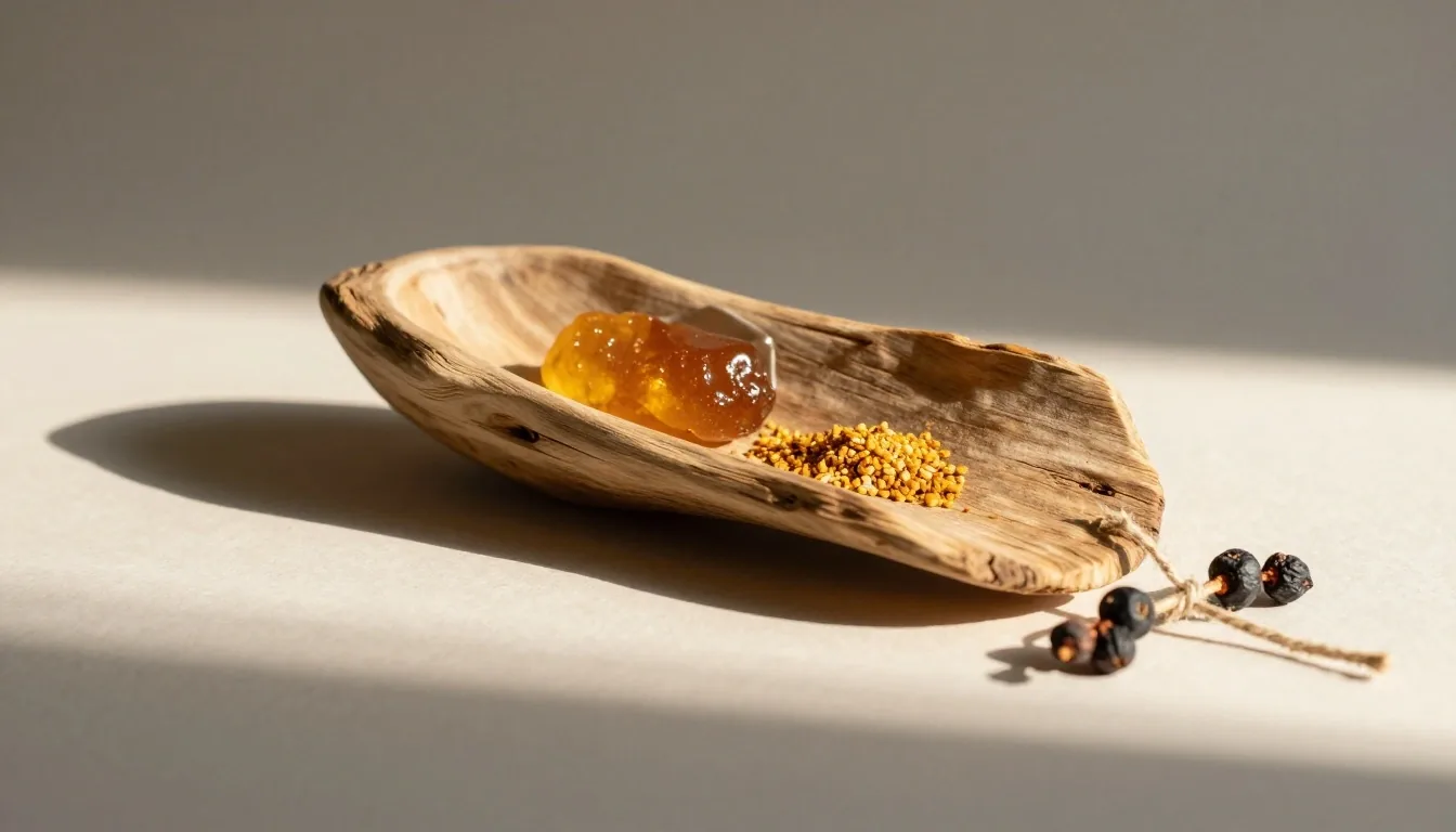 Natural supplement ingredients arranged on a pale wooden surface