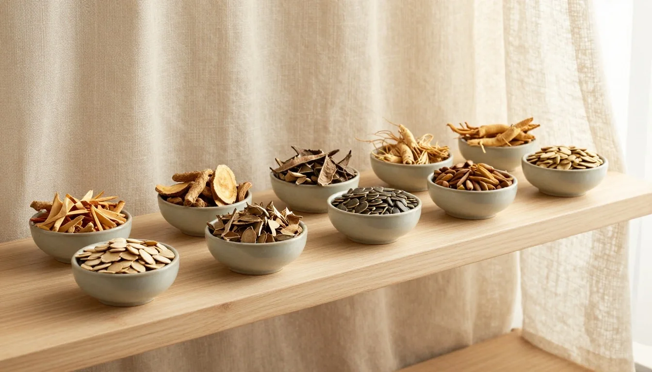 Natural supplement ingredients on a pale wooden surface