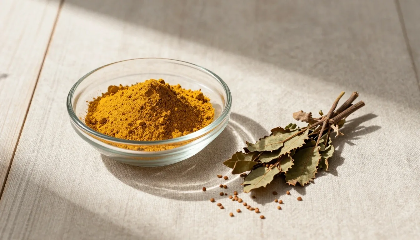 Natural supplement ingredients on a pale wooden surface under midday light
